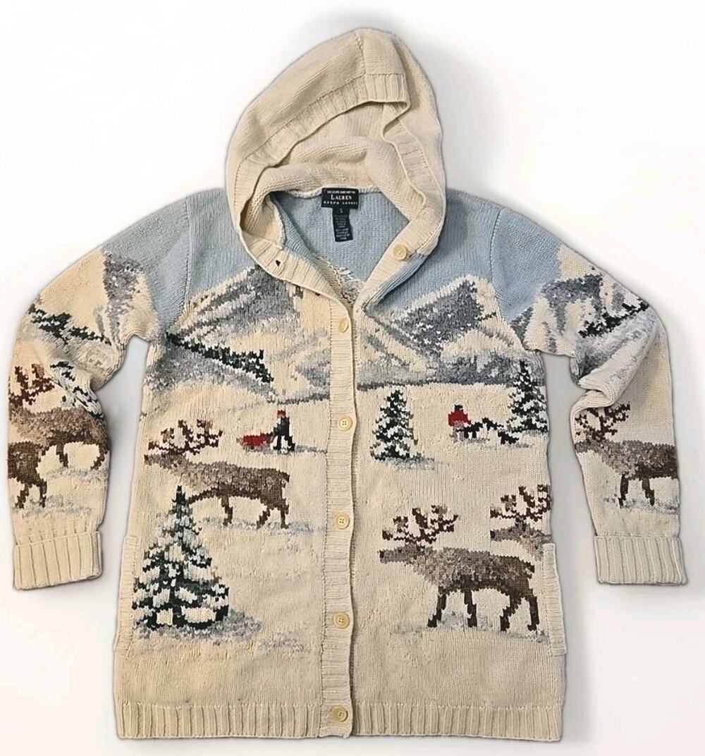 Lauren Ralph Lauren Hand Knit Lambswool Sweater Hooded Winter Scene Deer Small